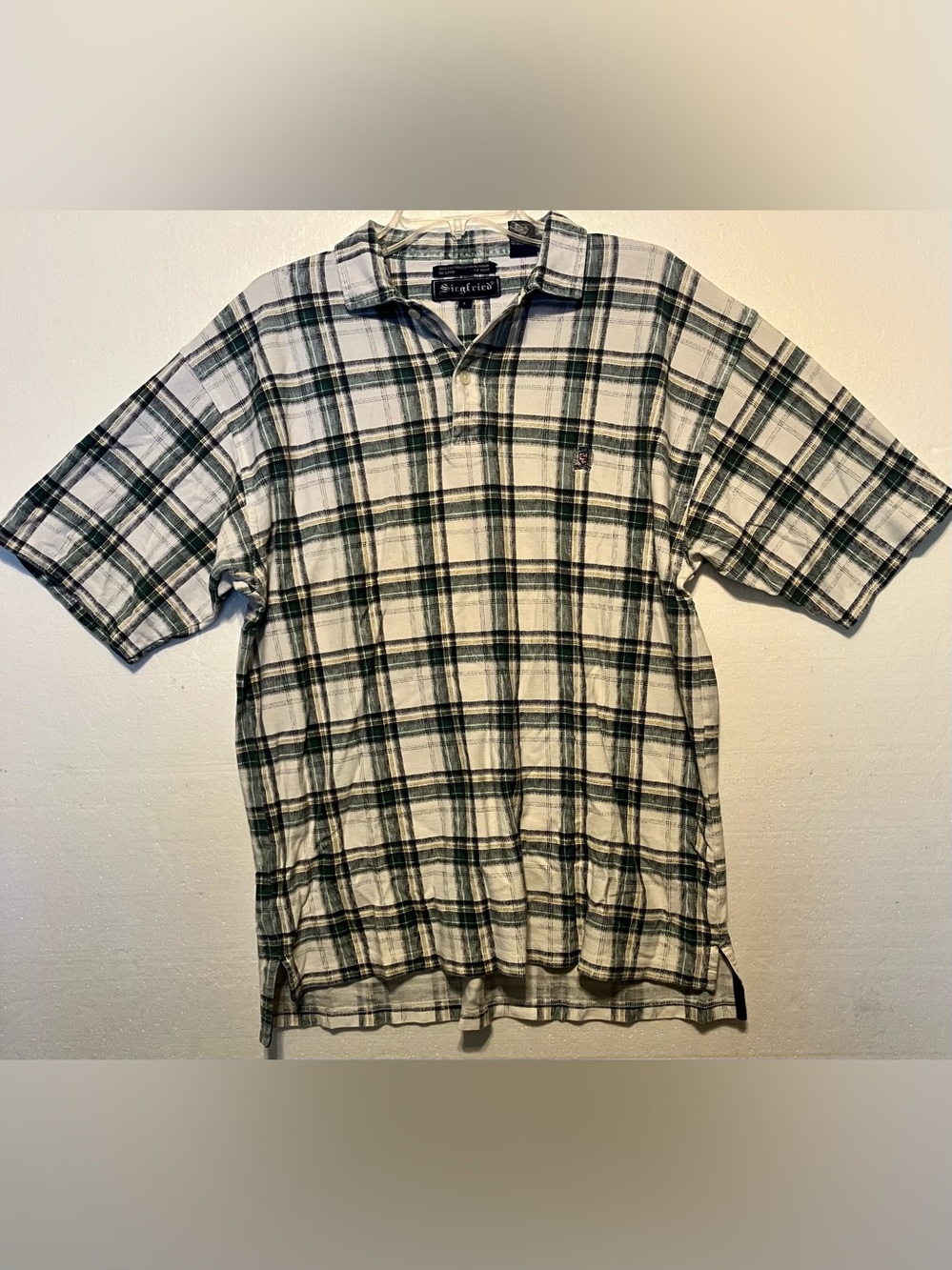 Siegfried L White and Green Plaid Short Sleeve Polo